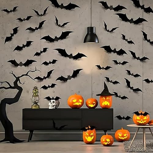 Boolavard DIY Halloween Party Fournitures PVC 3D Décoratif Effrayant Chauves-Souris Sticker Mural Sticker, Halloween Eve Décor Home Window Decoration Set, 28pcs, Noir