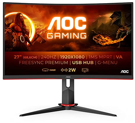 AOC Gaming C27G2ZU - 27 Zoll FHD Curved Monitor, 240 Hz, 0.5ms, FreeSync Premium (1920x1080, HDMI, DisplayPort, USB Hub) schwarz/rot