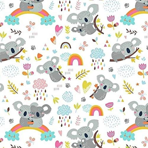 100x160cm Koala 100% Baumwolle Baumwollstoff Kinder Meterware Handwerken Nähen Stoff (Hase Mond Herz Weiß) (Koala Regenbogen Weiß, 100x160cm (11,99€/m))