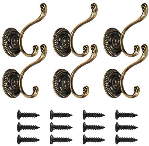 TsunNee 6PCS Vintage Dual Coat Hooks, Heavy Duty Wall Hooks, Clothes Hat Hooks, Master Bedroom Hooks, Decorative Door Hooks with Screws for Bathroom Kitchen, Bronze