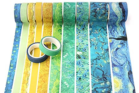 Lot de 12 rouleaux de ruban adhésif washi bleu pour scrapbooking, bricolage, artisanat, bullet journal, planificateurs cadeau (Van Gogh)