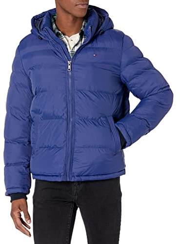 Tommy Hilfiger Men's Classic Hooded Puffer Jacket Down Alternative Coat, Royal Blue, XXXL Tall