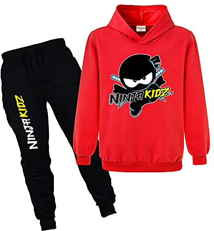 Ninja Kidz Boy's Solid Color Hooded Sweater Suit Girls Casual Sports Hoodie and Trousers (Red,9-10 Years,9 Years,10 Years)