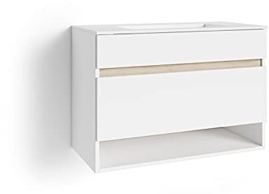 byLIVING Waschtisch Marino/inkl. Waschbecken/Waschbecken-Unterschrank hängend weiß/Absetzung Eiche-Optik helllbraun/eine Schublade u. EIN offenes Fach/B 80, H 56, T 40 cm