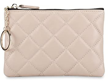 DORIS&JACKY Petit porte-monnaie matelassé en cuir d'agneau souple avec fermeture éclair sur le dessus et porte-clés, beige, Style 1