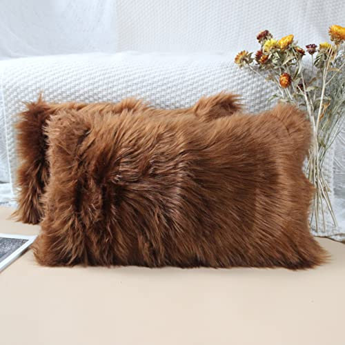 OYIMUA 2 Pcs Weicher Zierkissenbezüge Deko Kissen Schaffell Lammfell Kunstfell Langhaar Zierkissen Kissenbezug Fellimitat Sofakissen Cuddly Kissen (Braun, 30 x 50 cm)