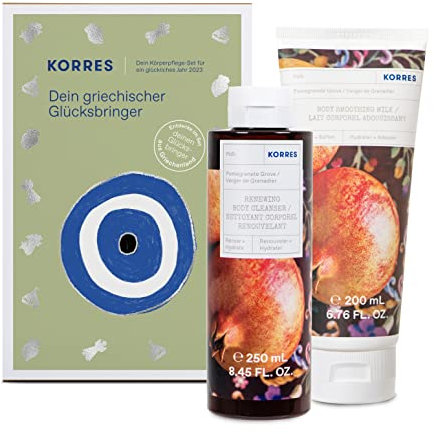 KORRES POMEGRANATE GROVE Griechische Winterduft-Kollektion, Geschenkset aus Duschgel 250 ml + Körpermilch 200 ml + Greek Charm
