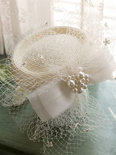 Lmtossey Style français Ivoire Chapeau de Paille épingle à Cheveux Perle Arc Paille Fedora Femmes Mariage Photo Shoot fête Voile Chapeau Chapeaux Creamy-White 19cm