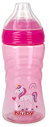 Nuby Thirsty Kids - Taza de viaje de Tritan sin derrames con boquilla de silicona suave y cubierta higiénica, 12 onzas, estampado de unicornio rosa