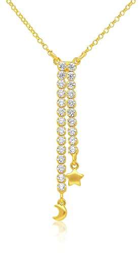 GioiaPura Collana da donna Collana a doppio filo di zirconi tondi bianchi da 2mm pendente con stellina da 4mm e luna da 4mm in argento 925°/°° dorato. Lunghezza collana: 40cm + 5cm di regolazione