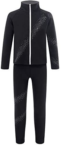 Alvivi Mädchen Eiskunstlauf Anzug Sweatjacke Sweatshirt + Eislaufhose Leggings Eislaufen Tanz Yoga Gym Sportanzug Trainingsanzug Schwarz 134-140