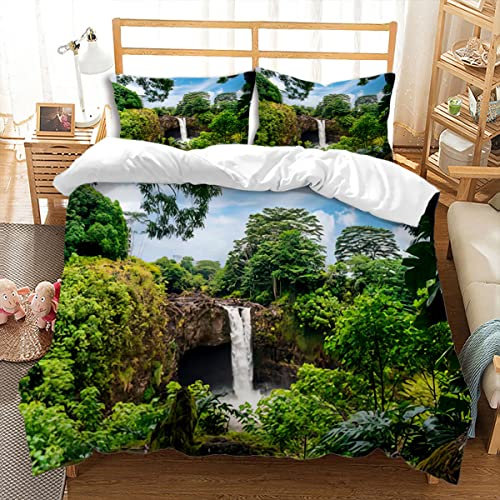 huitutu 3D-Landschaft Bettwäsche-Set 200x220cm Jungen Mädchen Mikrofaser Bettwäsche Wiederverwendbares Wasser läuft grün Natur gemusterten Bettbezug und 2 Kissenbezug 80x80cm