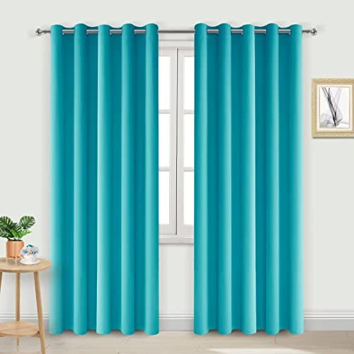 DWCN Blackout Curtains for Bedroom - Thermal Insulated Light Blocking Eyelet Window Curtains for Living Room 66 x 90 inch Length, Turquoise, 2 Panels