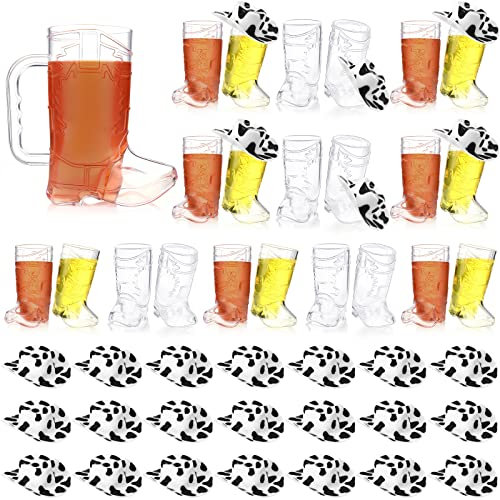 67 Pcs Cowboy Boot Shot Glasses Set, Include 30 Mini Reusable Plastic Cowboy Boot Shot Glasses, 16 oz Big Cowboy Boot Cup, 36 Mini Cowboy Hats, for Cowgirl Party Favors Birthday Supplies (Cow Style)