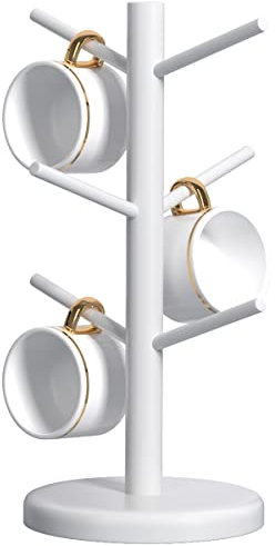 Dorhors Becherhalter, Baum, Kaffeetassenhalter mit 6 Haken, Holz-Becherhalter für Theke, Kaffeebar-Zubehör und Orgnizer-Station, Weiß