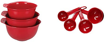 KitchenAid Mixing Bowl Set of 3, Plastic, Dishwasher Safe, Empire Red & Universal Measuring Cups Set, Measuring Spoons and Cups for Scale, Empire Red