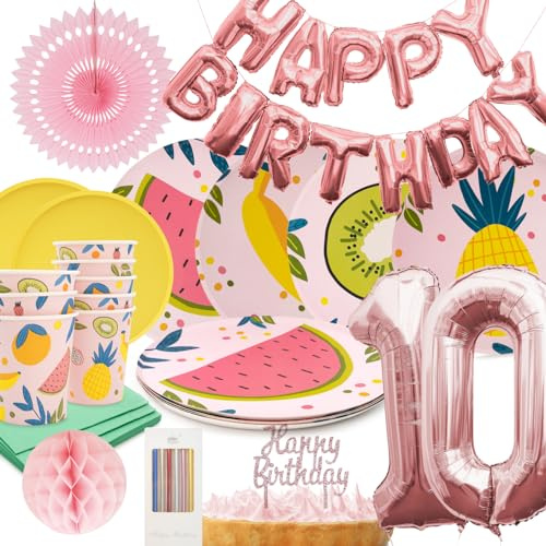 PARTY PARTY 74 Teile Geburtstag Sommer Partygeschirr 10. Geburtstag rosa Deko, 8 Gäste (Becher, Teller, Servietten, Tortendeko, Folienballons, Girlande, Wabenball) Kindergeburtstag Mädchen