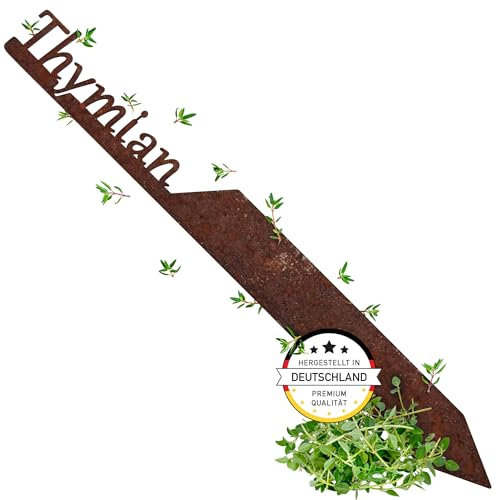 EXTRAVAGANT® Gartenstecker „Thymian“ Kräuterstecker Kräuterschilder Pflanzenschilder Pflanzenstecker Metall Stahl Rost Edelrost wetterfest für Garten Beet Gartenschilder Gartendeko Roststecker