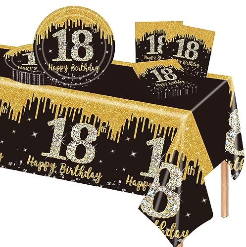Schwarz Gold 18. Geburtstag Partygeschirr Set,Papierteller 9 Zoll Servietten Rechteckige Tischdecke,37 Stück Schwarz Gold Partygeschirr Set für Jungen Mädchen 18. Geburtstag Party Dekorationen