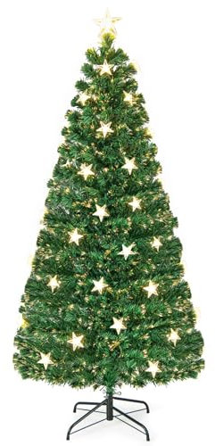 COSTWAY Sapin de Noël Artificiel Lumineux LED 180 cm, Arbre de Noël Artificiel 230 Branches, 8 Modes d'Éclairage, 30 Étoiles Blanches Chaudes, Fibre Optique, Vert(180cm)