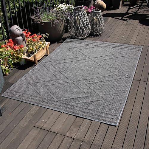 Carpettex Outdoor Teppich Wetterfest 120 x 170 cm Sisaloptik Grau - Ideal für Balkon, Garten, Terrasse, Camping und als Küchenteppich - Waschbarer Teppich, Boho Design, Flachgewebe
