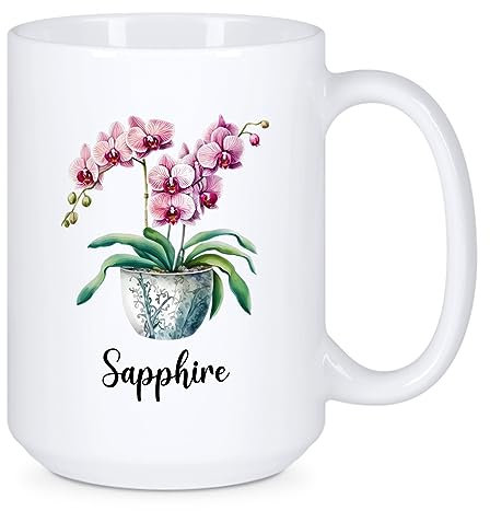 Personalisierte Phalaenopsis-Orchideen-Kaffeetasse, Geschenk, individuelle Phalaenopsis-Orchideen-Keramiktasse, Blumenliebhaber-Teetasse, individueller Name, Phalaenopsis-Orchideen-Tasse, weiße Tasse