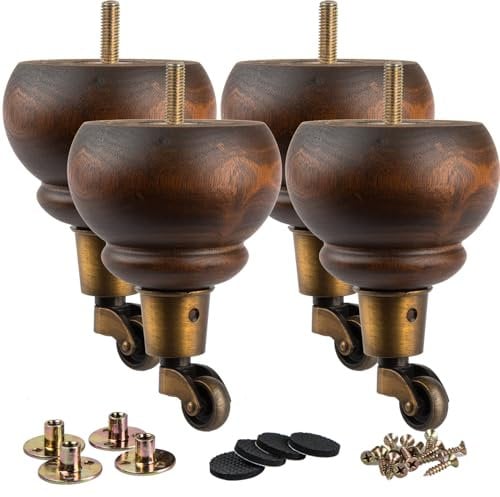 La Vane 5.5 inch Wooden Furniture Legs with Castor, 4PCS Soild Wood Glaze Turned Replacement Bun Feet with Pre-Drilled M8 Inch Bolt & Mounting Plate for Armchair Ottoman Recliner Chair Footstool