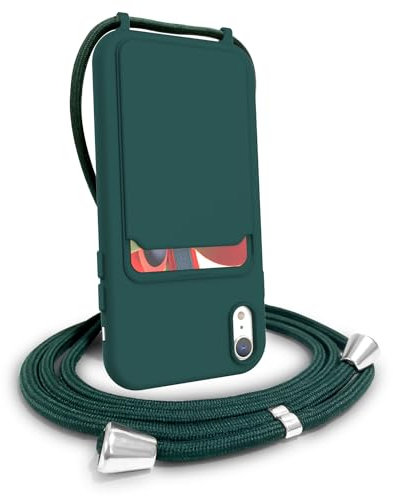 FOQENCCI Liquid Silicone Phone Case for iPhone XR with Card Holder and Adjustable Lanyard Neck Strap,Soft Slim Fit Anti Scratch Shockproof Cover Crossbody Phone Case Dark-Green 6.1 inch