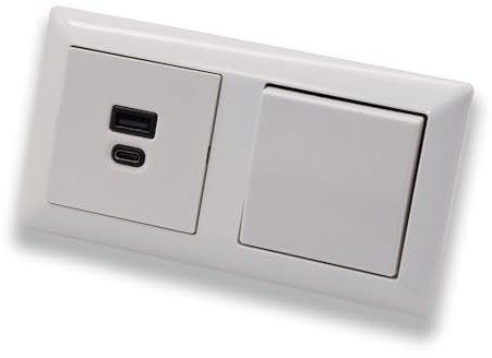 EBROM USB-C und USB-A Unterputz Steckdose/Lader, 45+15 Watt Leistung – Schnellladefunktion für Wearables, Smartphones Tablets + Jung Tastschalter Taster 531U in AS500 alpinweiß glänzend
