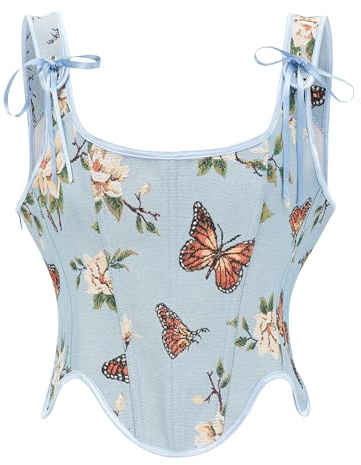 bslingerie Women Retro Vintage Victorian Push Up Bustier Going Out Crop Top Tank Top Corset Corset, Blue Butterfly, Large