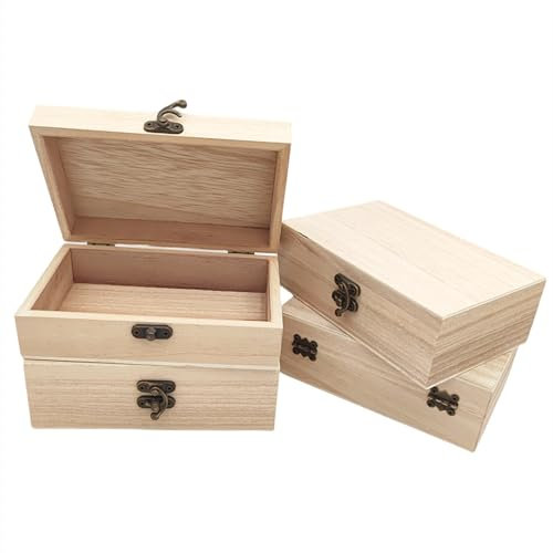 Anktily 4 Stück unlackierte Holzkisten, rustikale kleine Holzkiste mit Verriegelungsverschluss, DIY Handwerk, Aufbewahrungsbox, Organizer Box für Zuhause, Tischdekoration – 15 x 10 x 5 cm