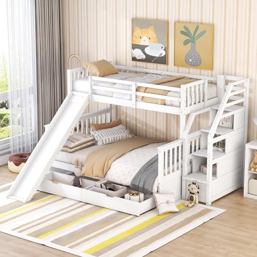Lit superposé avec escalier de rangement et toboggan, lit cabane, lit enfant avec balustrade, lit superposé peu encombrant 90 x 200 cm/140 x 200 cm pour famille avec tiroirs, bois de pin + MDF