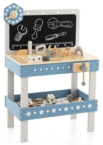 HOMASIS Werkzeugbank Kinder, Werkbank Spielwerkbank Holz, Werkstatt mit Tafel, Uhr & 61 Zubehörteilen, Spielzeug Set mit Werkzeugen, Holzkonstruktionsbank, Lernspielzeug ab 3 Jahre, 50x29x73cm, blau