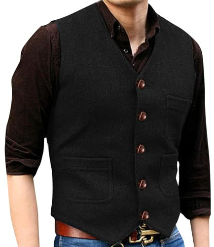 Fulidngzg Weste Herren Anzug Schwarz Tweed Trachtenweste Wolle Rockabilly Herrenweste Gilet Sportlich Anzugweste Vest Elegant Ärmellose