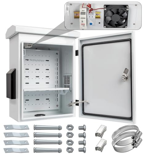 Outdoor Electrical Box with Thermostat and Fan, Cold-Rolled Steel Plate, Aluminum Alloy Back Beam, One-Piece Ventilation Design, Waterproof, Wall/Pole Mounted. (17.8 x 14 x 7.9&Thermostat)