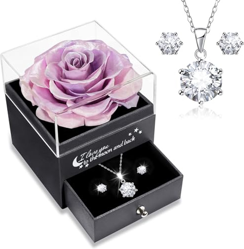Sunia Ewige Rose mit Kette und Ohrringe aus 925 Sterlingsilber, Ewige Rose Geschenke für Frauen Mama Frau Oma, Halskette Damen,Geschenk Geburtstag Valentinstag Jahrestag Muttertag Jubiläum Weihnachten