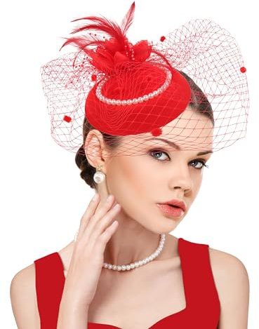 dressfan Fascinator Hut Damen Hochzeit Haarschmuck Schleier Hut Vintage Perle Stirnband Gatsby Haarreif 20er 50er Pillbox Hut Kopfschmuck für Hochzeit/Cocktail/Gatsby/Teeparty,Rot