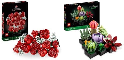 LEGO Icons Succulents Kunstpflanzen-Set 10309 + Rosenstrauß 10328, Kunstblumen-Set für Erwachsene, Botanische Sammlung, Wohnaccessoires, Geschenke für Frauen, Männer, Sie oder Ihn, entspannende Aktivi