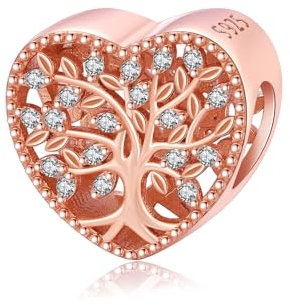 Odinstone Familie Herz Charm Liebe Lebensbaum Bead für Armband 925 Sterling Silber Baum des Lebens Charms Rosegold für Damen Mädchen Mutter