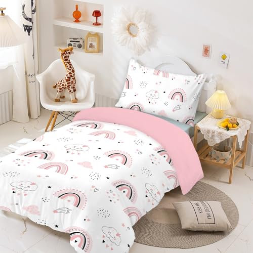 MUSOLEI Rainbow Bedding Set Single, White and Pink Lovely Kids Duvet Cover Sets for Boys Girls, Colorful Microfibre Quilt Cover 135X200cm with Pillowcase 50x75cm
