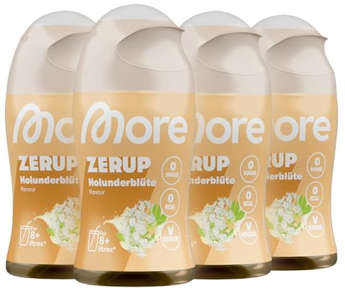 MORE Zerup, Holunderblüte, 4 x 65 ml, für bis zu 32 l Fertiggetränk | Zuckerfreier Sirup mit u.a. echten Fruchtextrakten, vegan, zero Kalorien - made in Germany