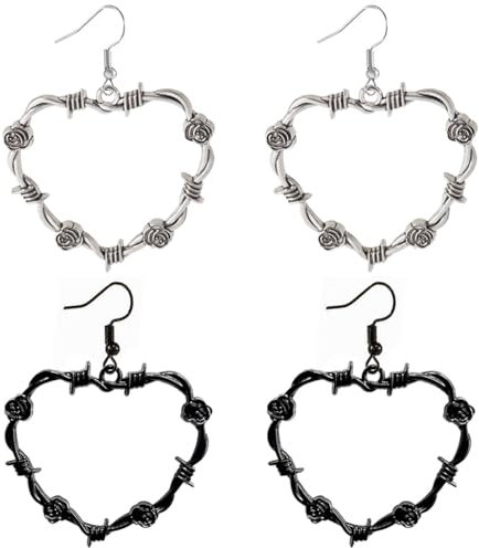 Kawailay 2 Pairs Gothic Rose Thorned Heart Earrings Vintage Barbed Wire Heart Dangle Earrings Punk Rock Hip Hop Skull Drop Earrings for Women - Silver and Black
