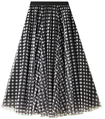 Jupe Mi-Longue En Tulle Pour Femme - Jupes En Maille Plissée Taille Haute En Maille À Carreaux De Couleur Contrastée, Taille Élastique À La Mode Avec Jupe En Tulle Doublée Longueur Midi, Noir
