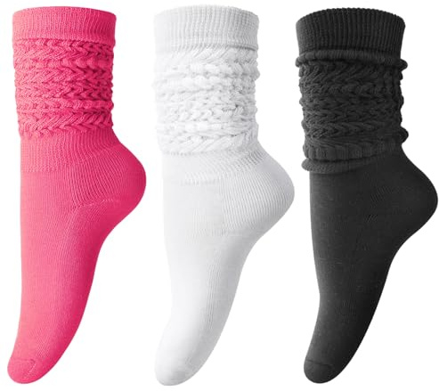DRESHOW 3 Paires Chaussettes Souple Extra Longues pour Femme Chaussettes Empilées Montantes Tricotées pour l'Automne et l'Hiver Chaussettes Tubulaires Hautes Tricotées