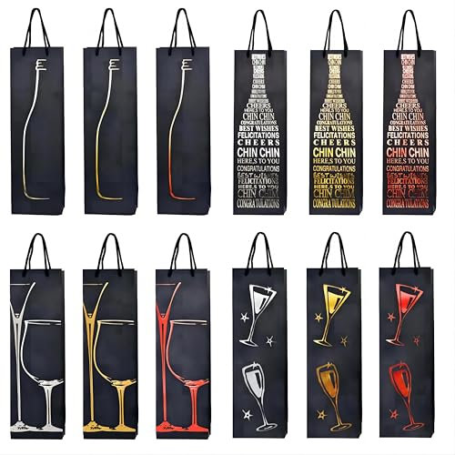 12 Pz Sacchetti Regalo per Vino Nero, Sacchetto Regalo per Champagne/Whisky, Busta di Carta per Bottiglie di Vino, Sacchetti Confezione Regalo per Vino, Wine Gift Bags con Manico in Corda, 4 Modelli