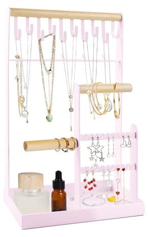 ZENDIA Jewellery Organiser Stand, Jewellery holder Organiser with Earring Tray and 10 Hooks, 5 Tier Necklace Holder Display for Earrings Watches Bracelet Rings, Pink