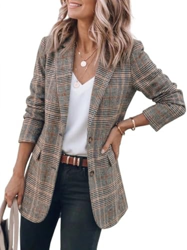IDEALSANXUN Womens Tweed Blazer Fall Winter Casual Plaid Houndstooth Blazer Work Suit Jackets