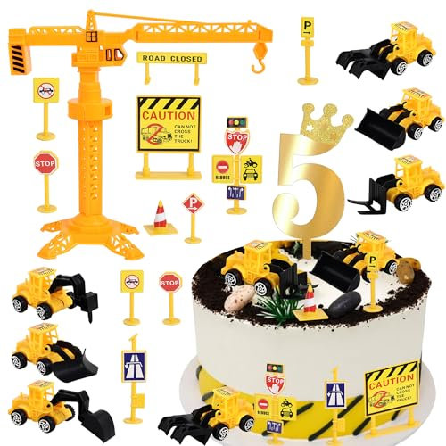 17 Stück Baufahrzeuge Tortendeko Set Acryl Anzahl 5 Cake Topper Straße Schild Turm Bagger Kuchen Deko für Bau Thema Baby Dusche Kinder 5. Geburtstag Party Kuchen Dekorationen
