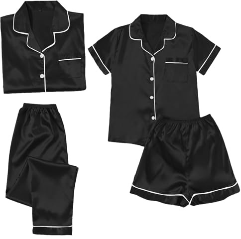 Pyjamasset i 4 delar för flickor och damer, satinpyjamas, sexig hemmadräkt, sidenpyjamas för sommar, nattkläder, kortärmat nattlinne, badrock med knappar, t-shirts, topp, lediga byxor, korta shorts