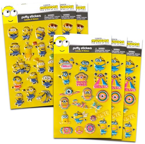 Minions Paquete de calcomanías para niños y niñas, paquete de 114 calcomanías hinchadas para decoración de fiesta de cumpleaños de niños, bolsas de golosinas, recuerdos de fiesta de cumpleaños de